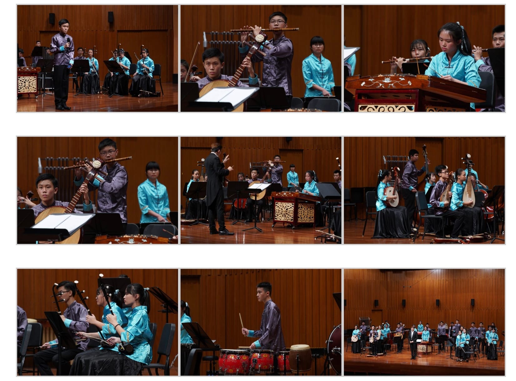 A youth Chinese orchestra performs on stage, wearing teal and purple traditional attire, playing various Chinese instruments.